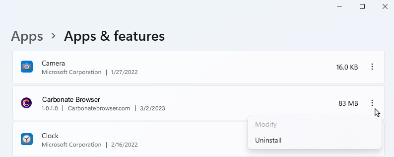 Uninstall Carbonate Browser Windows 11